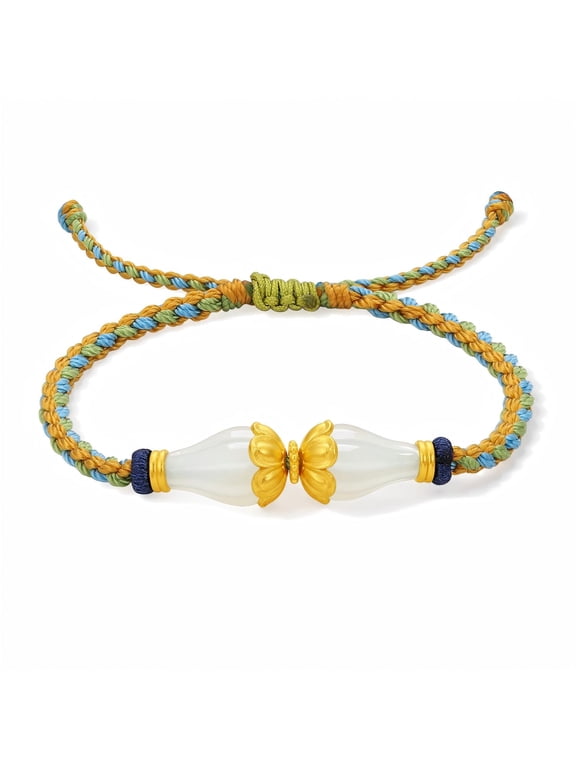 24K Solid Gold White Jade Lotus Treasure Vase Charm Braided String Bracelet for Women Amulet Protection Rope