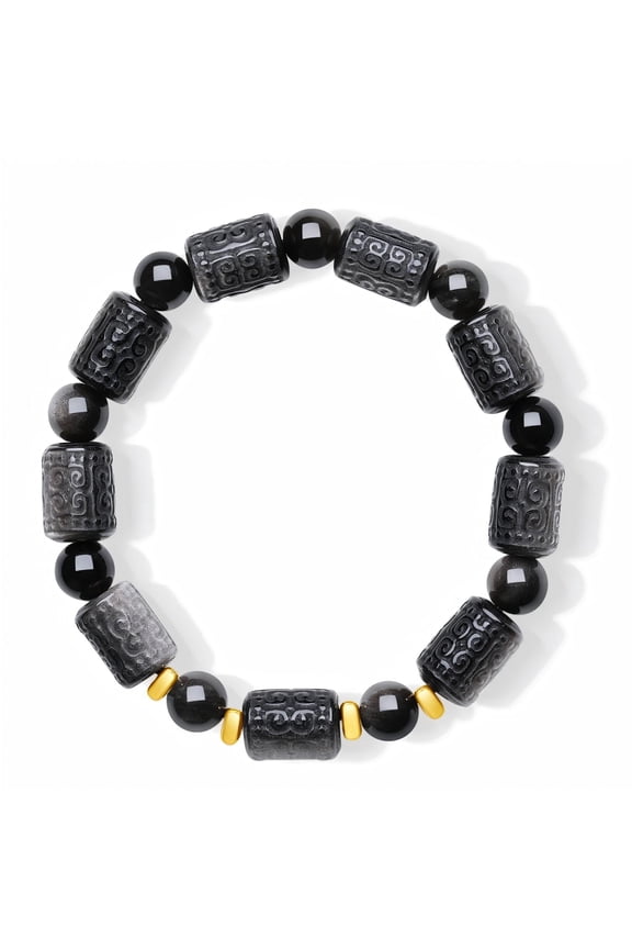 24k Solid Gold Bracelet Triangle Charm Bracelets Healing Obsidian Beaded Bracelet Dainty Jewelry Gifts For Men 7.9in
