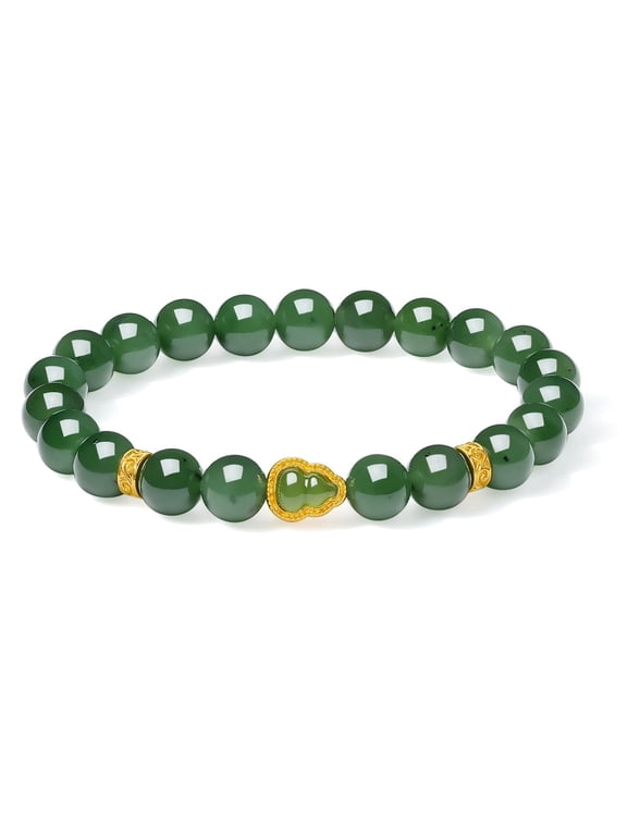 24K Solid Gold Inlaid Nephrite Jade Gourd 8mm Beaded Stretch Bracelet for Women, Dainty Hulu Charm Feng Shui Jewelry Gift for Her, 6.7 Inch
