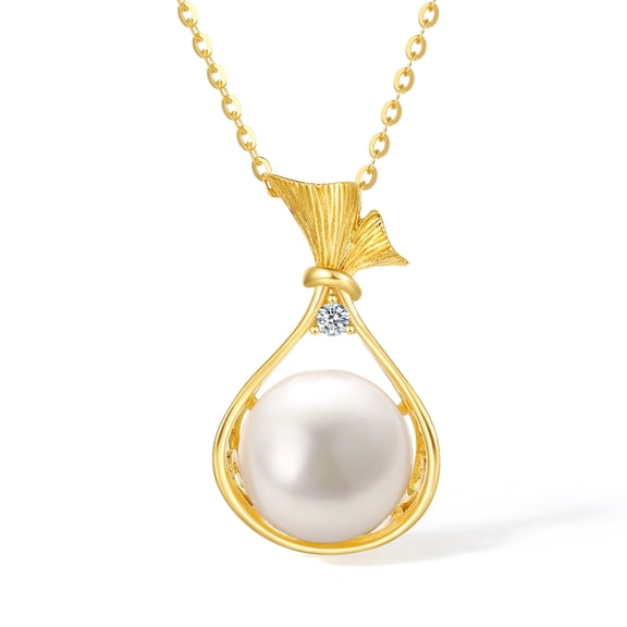 ZHOU LIU FU 925 Sterling Silver 11mm Freshwater Cultured Pearl Lucky Bag Pendant Necklace with CZ - Fine Jewelry Gift for Women