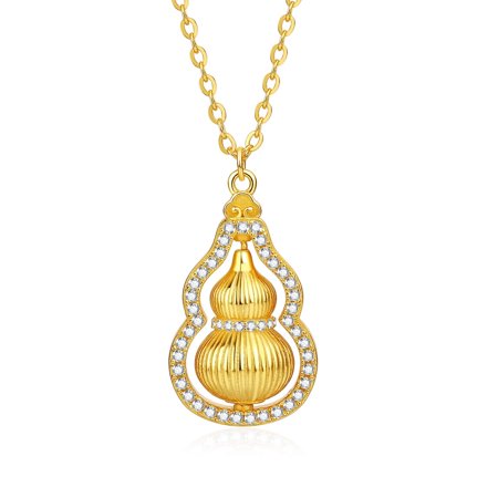 ZHOU LIU FU 925 Sterling Silver Gourd Pendant Necklace Cultural Blessings Cubic Zirconia Hulu Charm Feng Shui Jewelry Gold Choker Good Luck Amulet Wealth Protection Trendy Gift