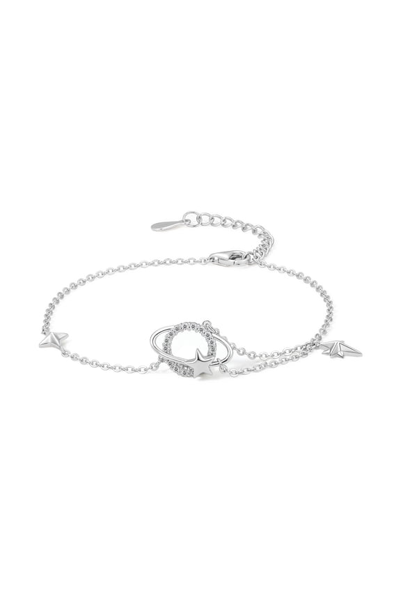 925 Strling Silver Bracelet Cubic Zirconia Saturn Four-pointed Star & Sun Charm, Universe Style Dainty Jewelry Daily Anniversary Gift for Women