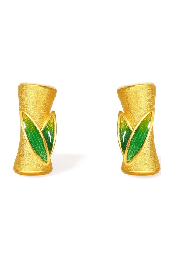 999 24K Solid Gold Earring Real Gold Bamboo Stud Earrings Enamel Studs Tiny Dainty Jewelry Birthday Anniversary Gifts for Women Mom Her