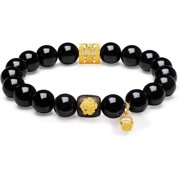ZHOU LIU FU Black Obsidian Crystal Beaded Bracelet 925 Sterling Silver Lock & Agarwood Charm Stretch Bracelet Jewelry Gift for Women Mom Daughter 6.7"