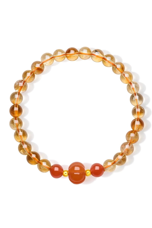 Citrine Crystal & Red Agate Pumpkin Charm Bead Bracelet 24K Gold Natural Healing Gemstone Stretch Bracelet Energy Jewelry for Women 6.7"