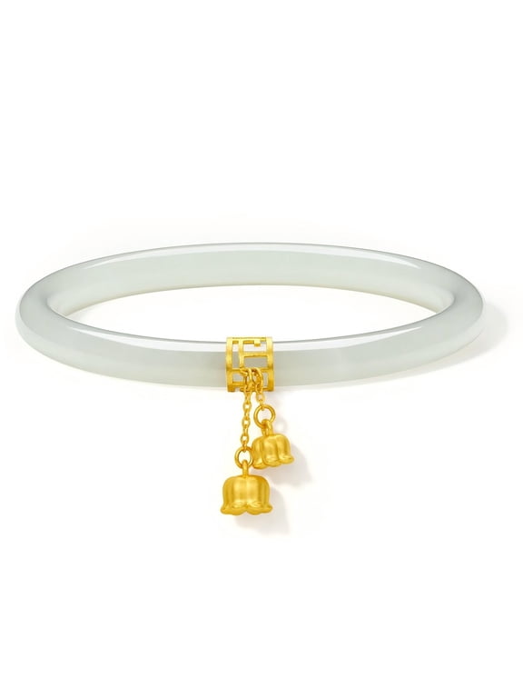 Green Nephrite Jade Bangle Bracelet For Women, 24K Gold Lily of the Valley Charm Feng Shui Protection Good Luck Gift