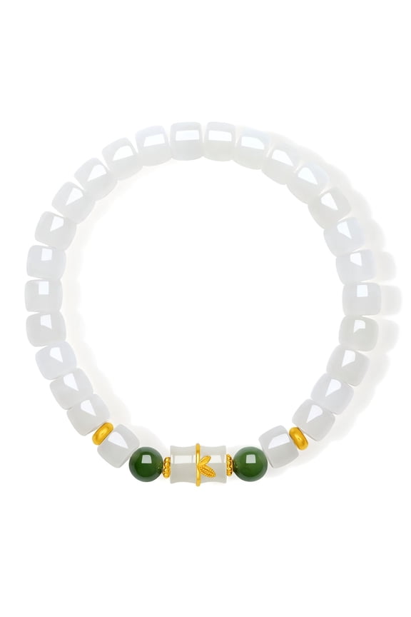 Jade Beaded Bracelet for Women - 24K Gold Bamboo Jade Charm Dainty Chinese Jewelry for Her 6.7in