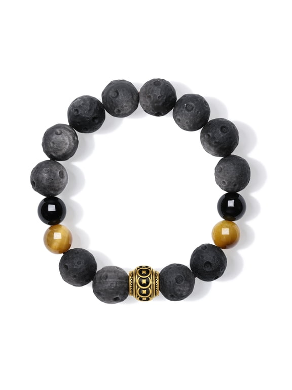 Obsidian Beaded Bracelet with 24K Solid Gold Chinese Coin Charm - Tiger's Eye Black Agate Lucky Jewelry Gift for Men 7.9"