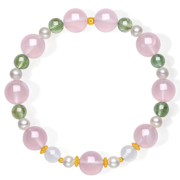 ZHOU LIU FU Rose Quartz Stretch Bracelet for Woman Energy Bracelet with 24K Gold Apatite Pearl & Moonstone - Multi Gemstone Healing Jewelry Bestie Gift