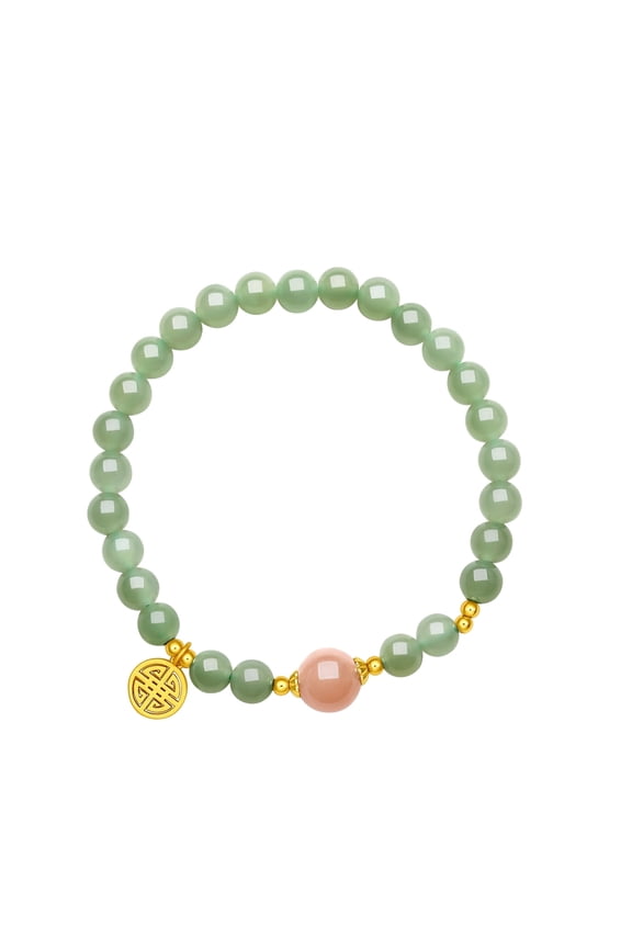 S925 Silver Beaded Bracelet Gilded Blessing Fu Charm, Green Jade and Sunstone for Women 17cm J1911622