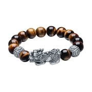 ZHOU LIU FU 925 Sterling Silver Pixiu Charm Bracelet Tigers Eye Beaded Stretch Bracelet Feng Shui Jewelry Gift for Men 7"
