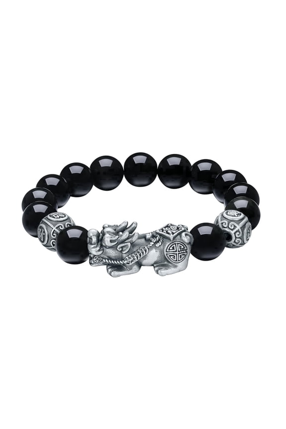S925 Sterling Silver Bracelet Pixiu Obsidian Crystal Stretch Beaded Bracelets Feng Shui Auspicious Jewelry Gift for Men Father Boyfriend 7" J1914054