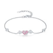 ZHOU LIU FU S925 Sterling Silver Chain Bracelet Pink Cubic Zirconia Candy Heart Bow Charm Adjustable 16+3cm J0716075