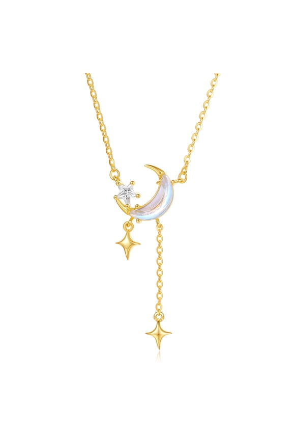S925 Sterling Silver Pendant Necklace, Moon and Star Design for Women 15.7''-17.7''