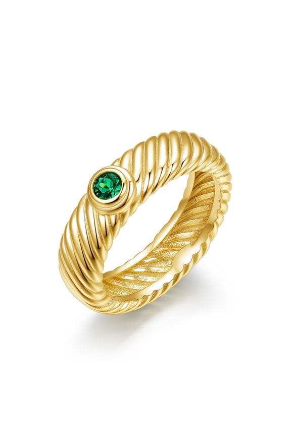 S925 Sterling Silver Ring Vintage Twisted Braided Green Glass Rings Daily Stackables Jewelry 18K Gold Plated for Women Mom Size 50.9mm J0212958