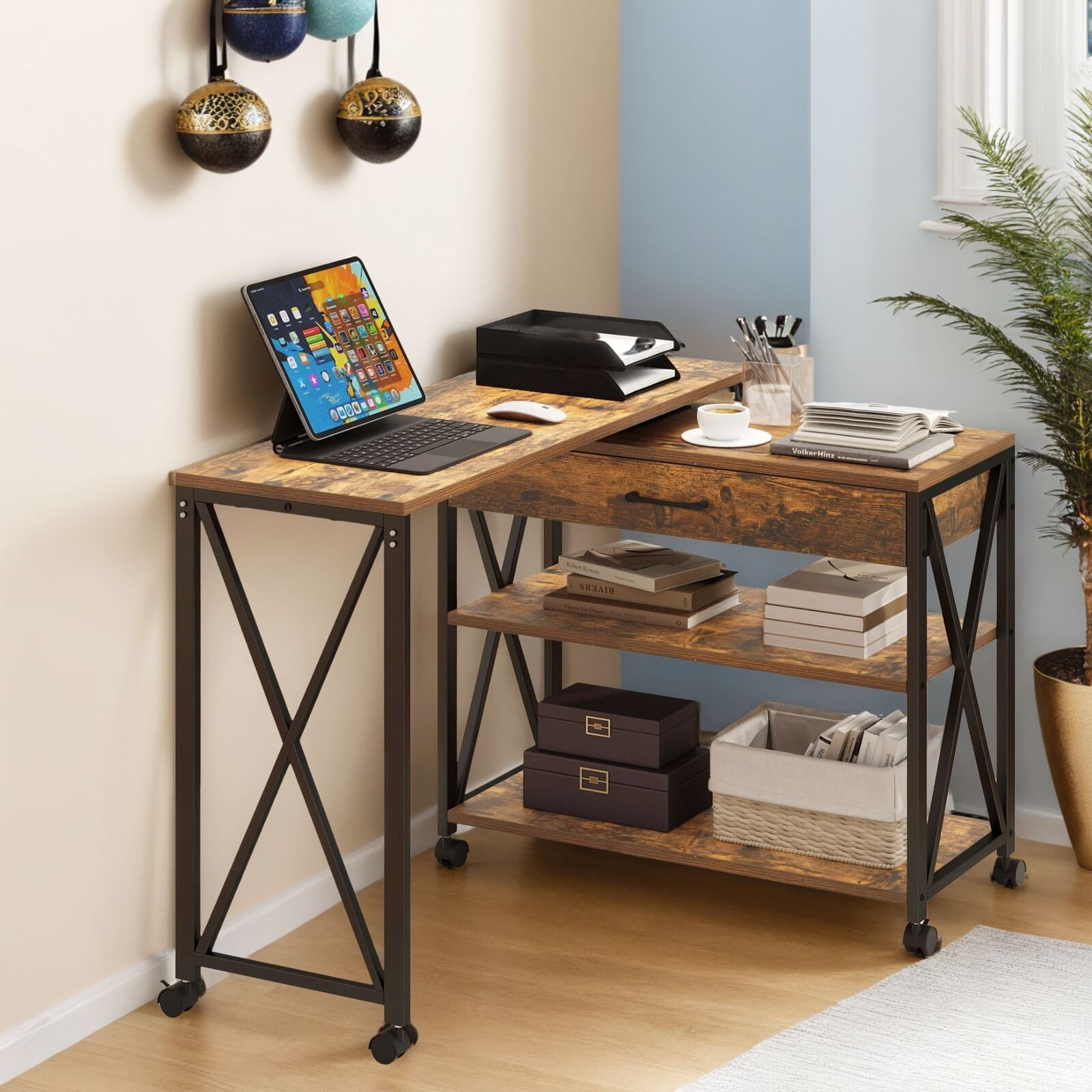 Brown Adjustable Industrial End Table with Drawer and Shelves