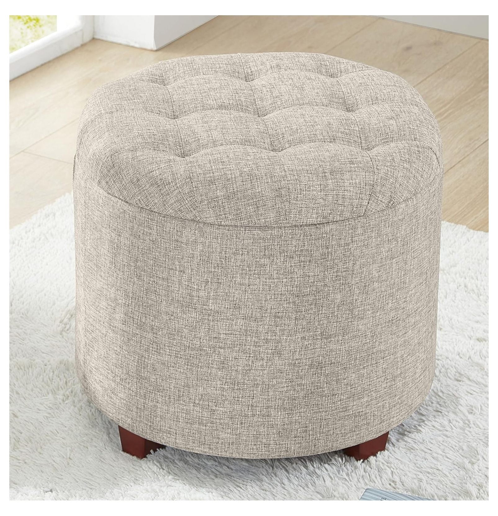 Beige Round Tufted Linen Storage Ottoman with Removable Lid