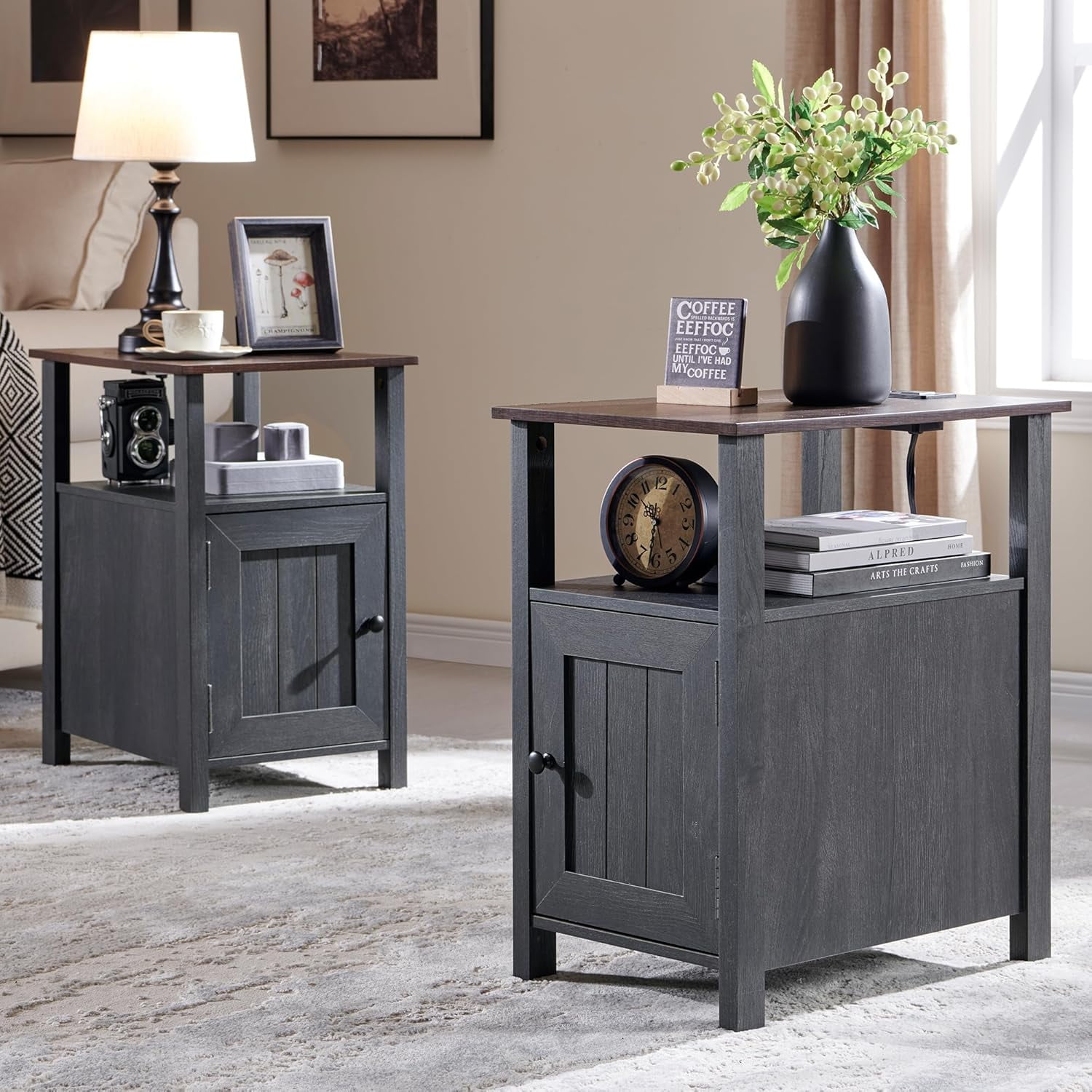 Gray Farmhouse Nightstand Set with Barn Door and Open Shelves