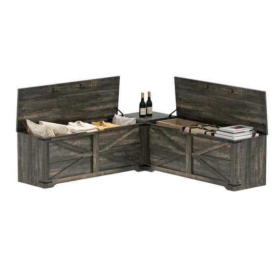 ZHOUB L-Shaped Storage Bench with Storage Wooden Storage Chest for Living Room Bedroom,Dark Rustic Oak