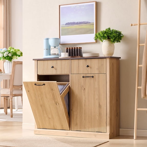 ZHOUB Modern Double Tilt-Out Trash Cabinet, 20 Gallon Fluted Laundry Hamper Cabinet with 2 Drawers, Wooden Hidden Garbage Can Cabinet with Storage Basket for Kitchen & Living Room, Natural Oak