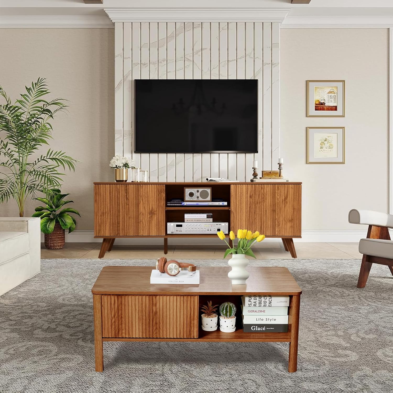 ZHOUB TV Stand and Coffee Table Set, Rectangle Fluted Coffee Table and ...