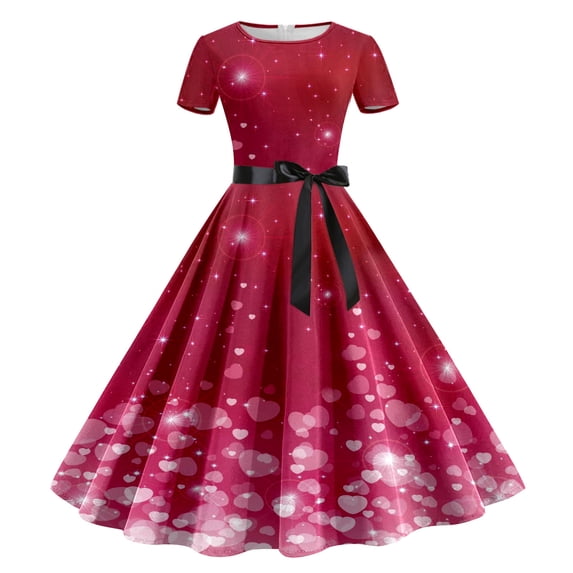 ZHOUCHANKIDS 1950s Retro Party Dress for Women Floral Print Short Sleeve Elegant Swing Prom Gown Hot Pink S