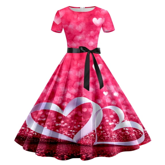 ZHOUCHANKIDS 1950s Retro Party Dress for Women Floral Print Short Sleeve Elegant Swing Prom Gown Pink XXL