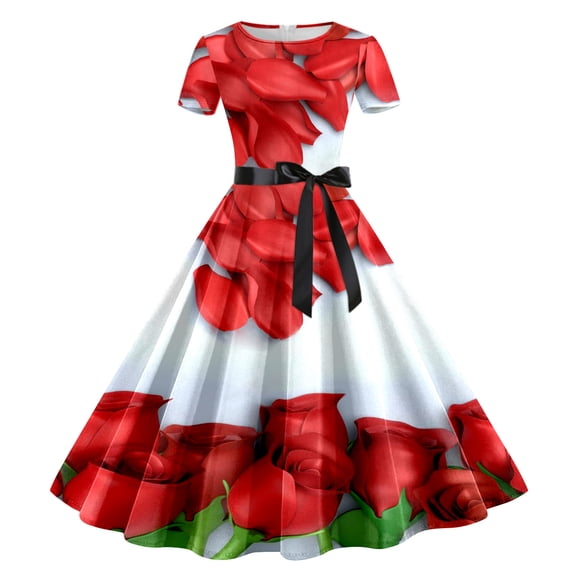 ZHOUCHANKIDS 1950s Retro Party Dress for Women Floral Print Short Sleeve Elegant Swing Prom Gown White XL