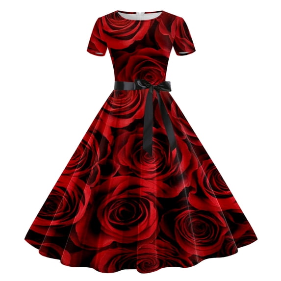ZHOUCHANKIDS 1950s Retro Party Dress for Women Floral Print Short Sleeve Elegant Swing Prom Gown L
