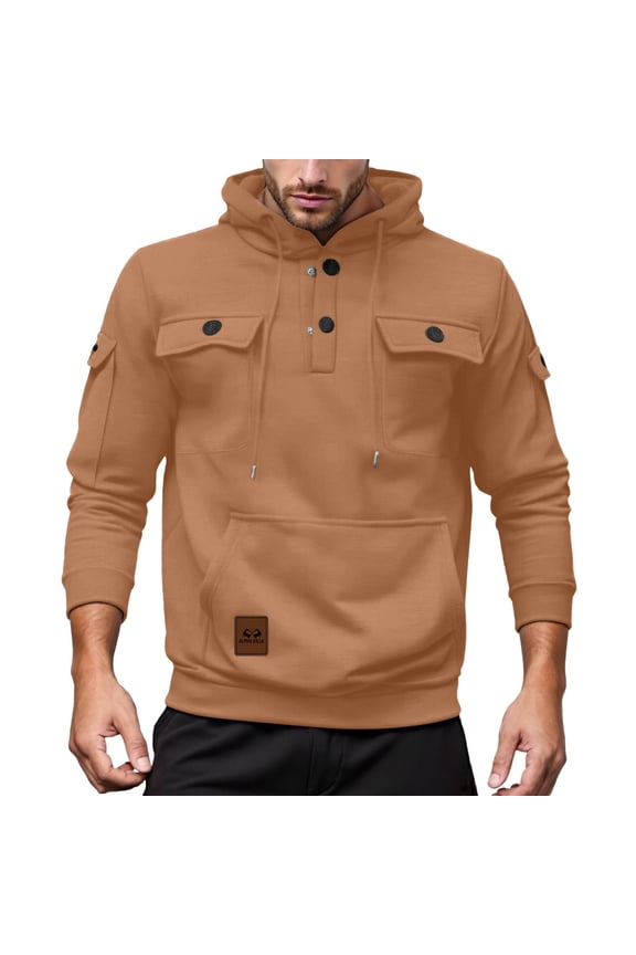 2025 Mens Heavyweight Lined Hooded Sweatshirt Warm Winter Outdoor Sports Pullover with Multiple Pockets for Fall And Cold Weather Khaki