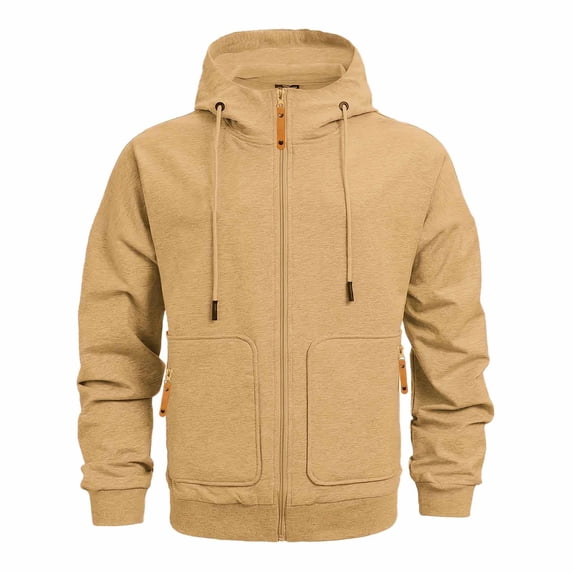 ZHOUCHANKIDS Autumn and Winter Men's Solid Color Zipper Sweatshirt Padded Hoodie Khaki Large