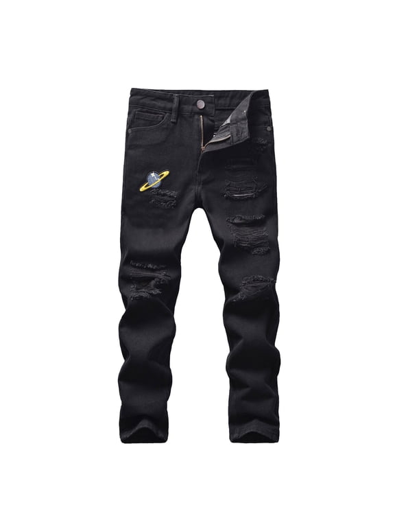 Boys Fit Ripped Distressed Denim Jeans Fashionable Stretchable Slim Fit Tapered Kids Pants with Holes (Black #4, 4-5 Years)