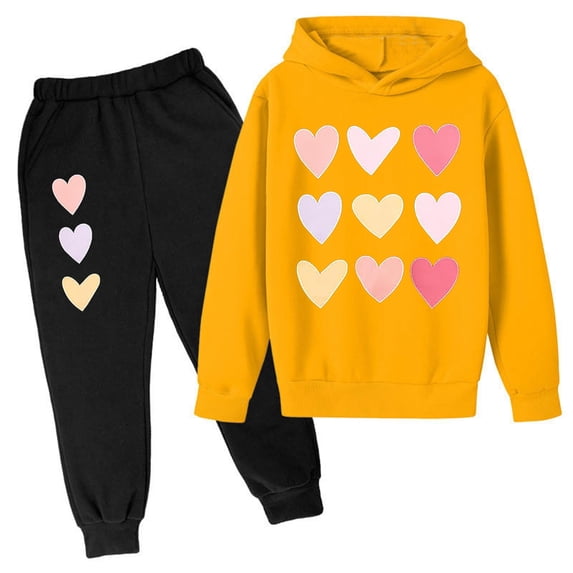 ZHOUCHANKIDS Children's Valentine Heart Print Hoodie Set Sweatpants for Girls Baggy School Uniform Pullover Hoodied Sweatshirt Pants Set Tracksuit Fall Winter Outfit