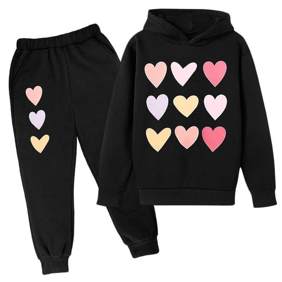 ZHOUCHANKIDS Children's Valentine Heart Print Hoodie Set Sweatpants for Girls Baggy School Uniform Pullover Hoodied Sweatshirt Pants Set Tracksuit Fall Winter Outfit