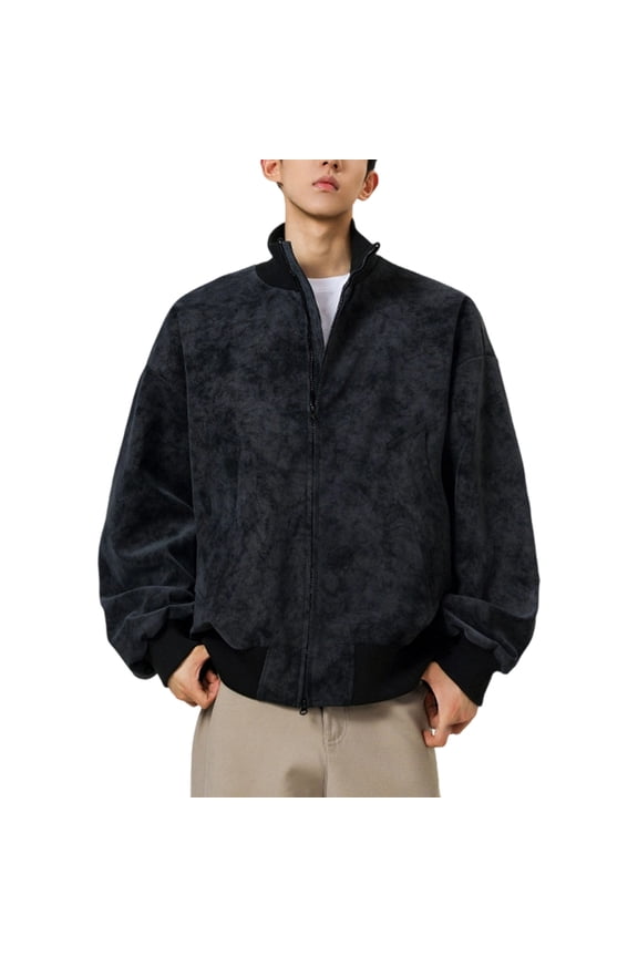 Distressed Leather Baseball Jacket Stand Collar Classic Short Coat Mens Outerwear for Fall Season Lightweight Style Motorcycle Jacket Streetwear Fashion Black XXL