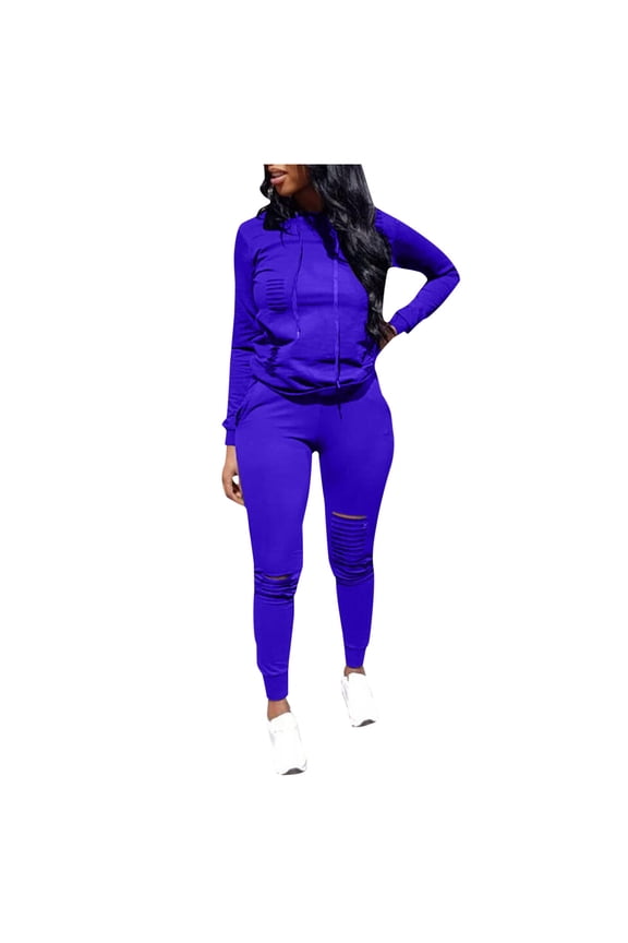Drawstring Hood Women's Hoodie Ladies Autumn/Winter Sportswear Suit Stylish Casual Long-Sleeved Ripped Pullover Hooded Sweater Blue XL