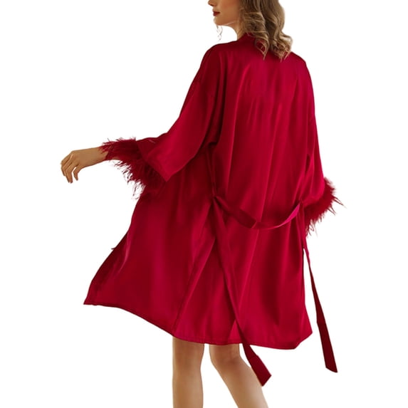 ZHOUCHANKIDS Elegant Satin Kimono Robe Long Loungewear For Women Valentine's Day And Spa Bathrobe With Feather Trim RD1 M