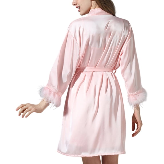 ZHOUCHANKIDS Elegant Satin Kimono Robe Long Loungewear For Women Valentine's Day And Spa Bathrobe With Feather Trim RD2 XL