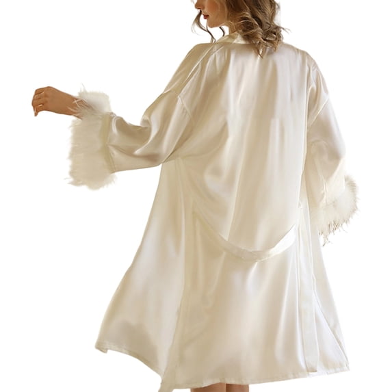 ZHOUCHANKIDS Elegant Satin Kimono Robe Long Loungewear For Women Valentine's Day And Spa Bathrobe With Feather Trim White L