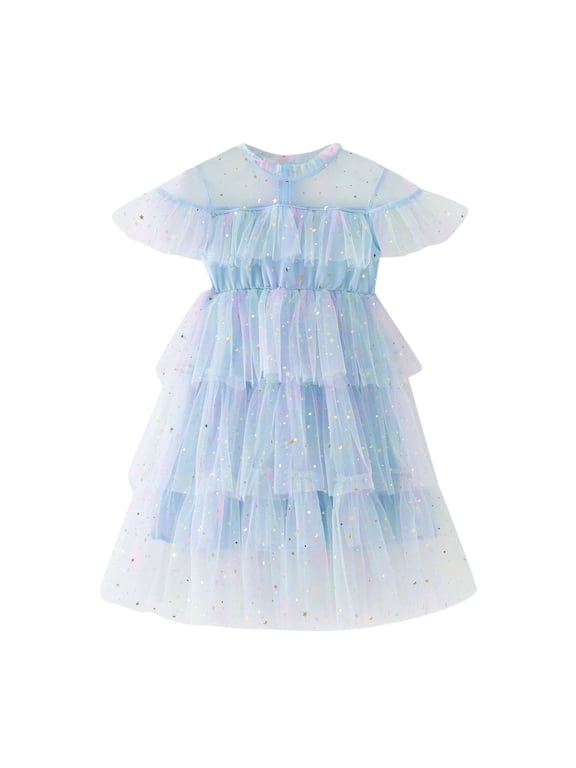 Girl Tulle Dress Girls Tutu Princess Casual Dresses Toddler Girls Sparkly Star Moon Sequin Rainbow Tie Dye Party Dress with Fly Sleeves and Ruffles Blue 8-9 Years
