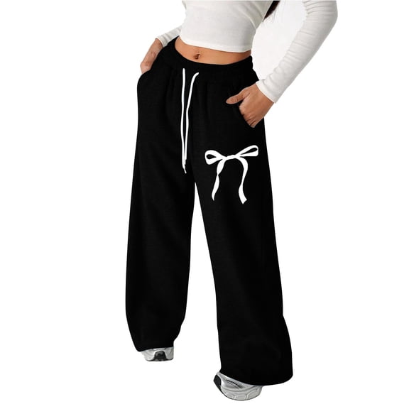 ZHOUCHANKIDS Girl's Bowknot Baggy Sweatpants Lightweight Straight Leg Athletic Pants with Pockets Black 8-9 Years