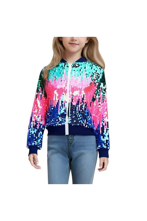 Girls' Ombre Sequin Bomber Jacket with Pockets Lightweight Sparkle Long Sleeve Zipper Gradient Jackets for Kid Pink 8-9 Years