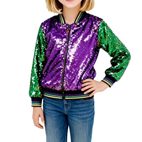 ZHOUCHANKIDS Girls Sequin Jacket, Long Sleeve Kids Bomber Coats with Pockets, Spring Fall Outfits Purple 3-4 Years