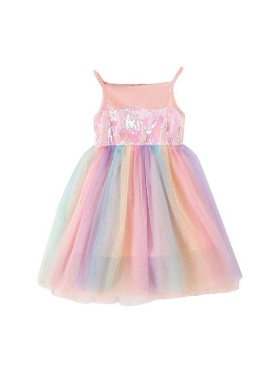 Girls Sequin Rainbow Suspenders Dress Sleeveless Sparkly Party Outfit Birthday Rainbow Tulle Dress Princess Fancy Party Outfit for Toddler Little Girls Pink 3-4 Years