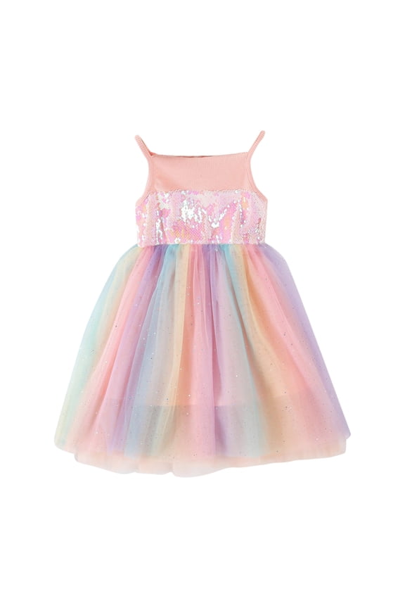 Girls Sequin Rainbow Suspenders Dress Sleeveless Sparkly Party Outfit Birthday Rainbow Tulle Dress Princess Fancy Party Outfit for Toddler Little Girls Pink 3-4 Years