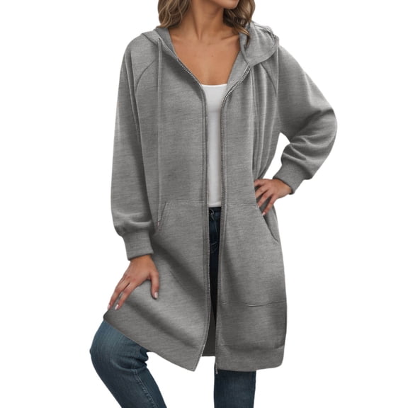 ZHOUCHANKIDS High Waisted Ladies' Hoodie Long Zip Up Hooded Sweatshirt for Mid Length Lined Jacket with Front Pockets - Comfortable Casual Outerwear Grey XL