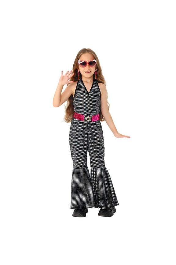 Kids Girls 70s 80s Hippie Disco Dance Jumpsuit Hop Jazz Dancewear Bodysuit with Sequins Waist Belt Black 3-5 Years