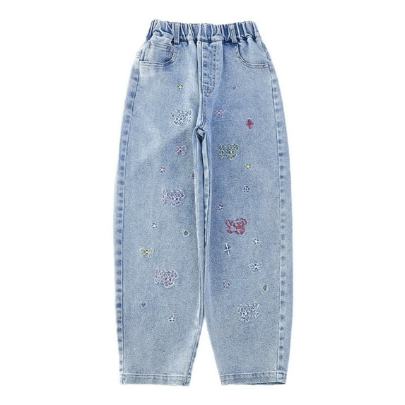 ZHOUCHANKIDS Kids Girls Jeans Baggy Denim Pants with Cargo Pockets Loose Fit Stretch Waist Comfortable Casual Wear for Outdoor Activities Toddler To Teen 14-16 Years