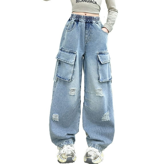 ZHOUCHANKIDS Kids Girls Jeans Baggy Denim Pants with Cargo Pockets Loose Fit Stretch Waist Comfortable Casual Wear for Outdoor Activities Toddler To Teen 8-10 Years