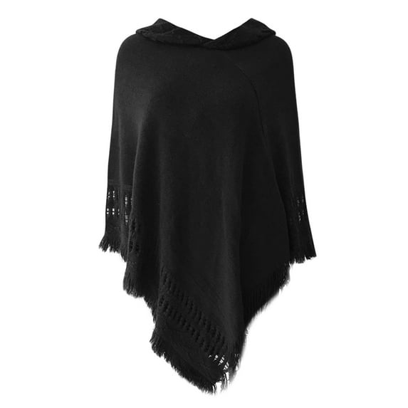 ZHOUCHANKIDS Ladies' Hooded Cape with Fringed Hem, Crochet Poncho Knitting Patterns for Women Black One Size